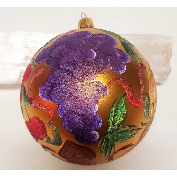 Hand Painted Ornament 4"Brassy Gold Jewel Tone Fruits Flocked Texture w/ Sparkle - Picture 7 of 14